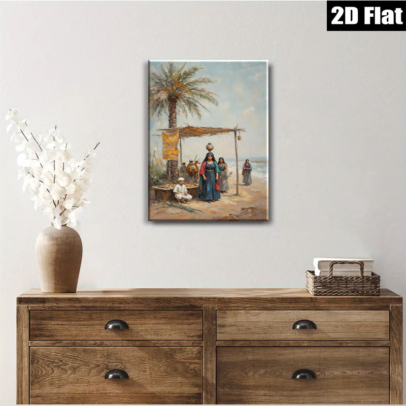 2D flat 1pc Eastern Market Scene with Figures Coastal Vibe Gallery Wall Art Living Room Bedroom Decor Farmhouse Style Rustic Charm