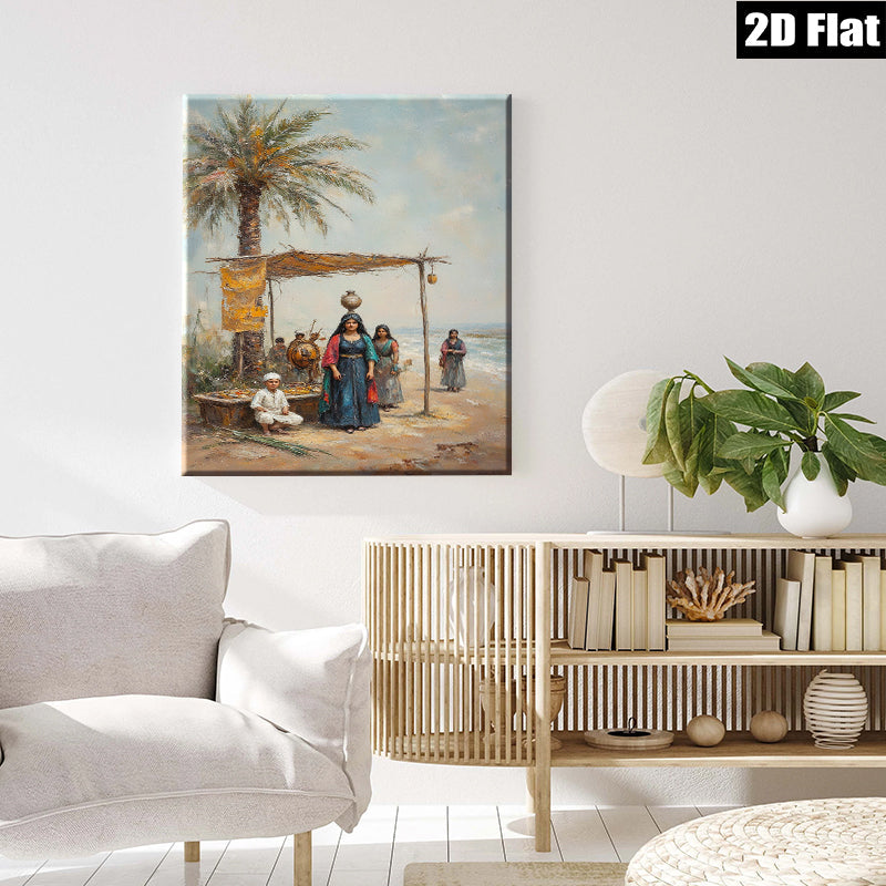 2D flat 1pc Eastern Market Scene with Figures Coastal Vibe Gallery Wall Art Living Room Bedroom Decor Farmhouse Style Rustic Charm