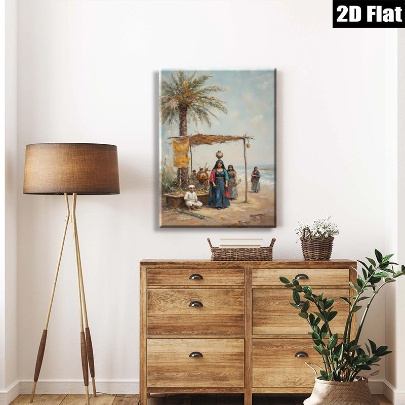 2D flat 1pc Eastern Market Scene with Figures Coastal Vibe Gallery Wall Art Living Room Bedroom Decor Farmhouse Style Rustic Charm