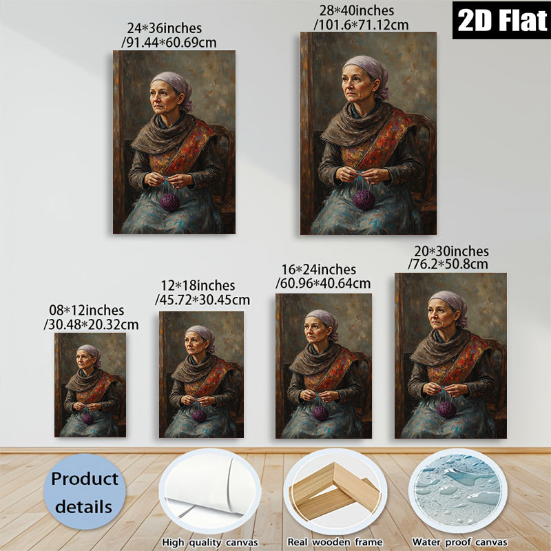 2D flat 1pc Elderly Woman Knitting Peaceful Countryside Scene Wall Art Decor for Living Room Bedroom Farmhouse Aesthetic Gallery Wrapped Canvas Prints
