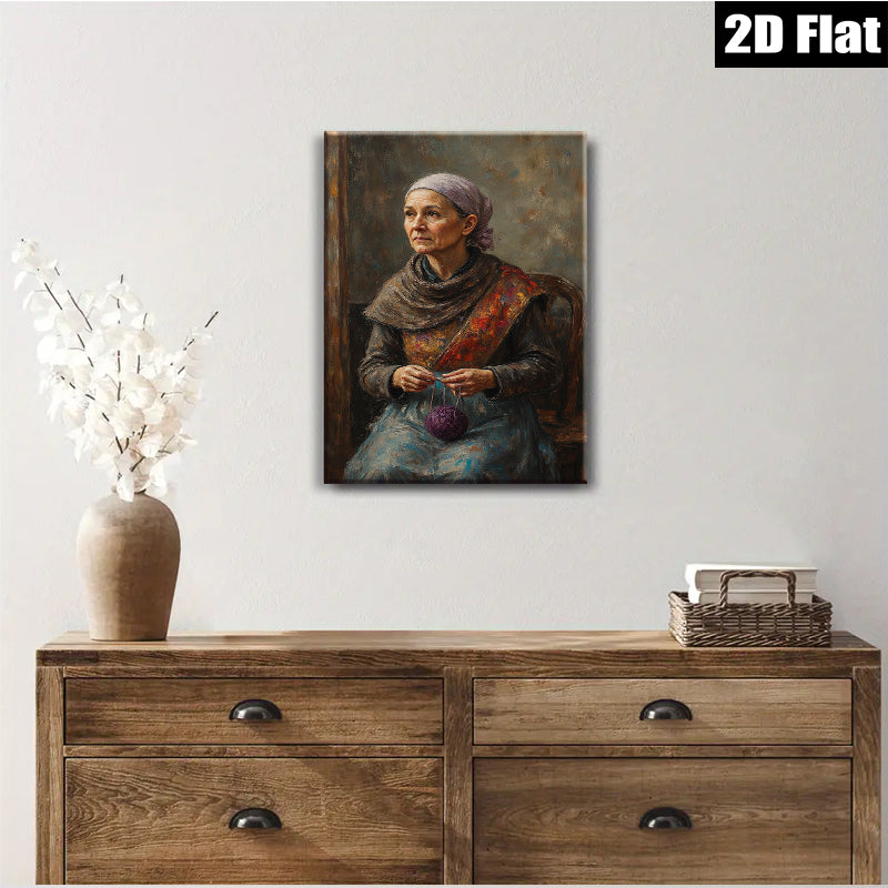 2D flat 1pc Elderly Woman Knitting Peaceful Countryside Scene Wall Art Decor for Living Room Bedroom Farmhouse Aesthetic Gallery Wrapped Canvas Prints