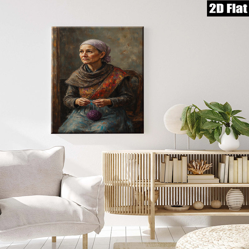 2D flat 1pc Elderly Woman Knitting Peaceful Countryside Scene Wall Art Decor for Living Room Bedroom Farmhouse Aesthetic Gallery Wrapped Canvas Prints