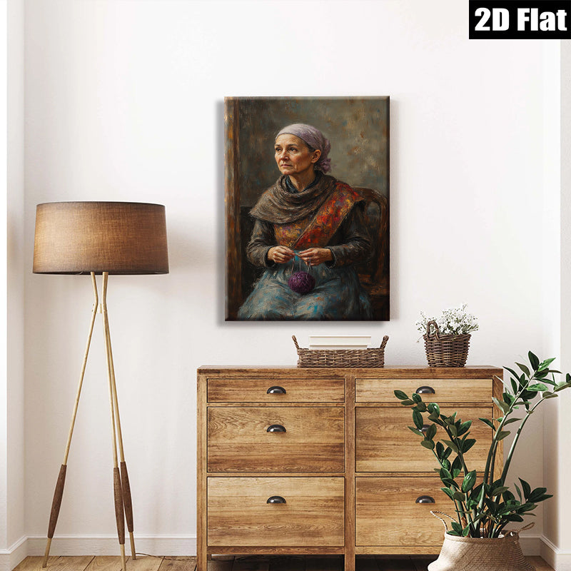 2D flat 1pc Elderly Woman Knitting Peaceful Countryside Scene Wall Art Decor for Living Room Bedroom Farmhouse Aesthetic Gallery Wrapped Canvas Prints