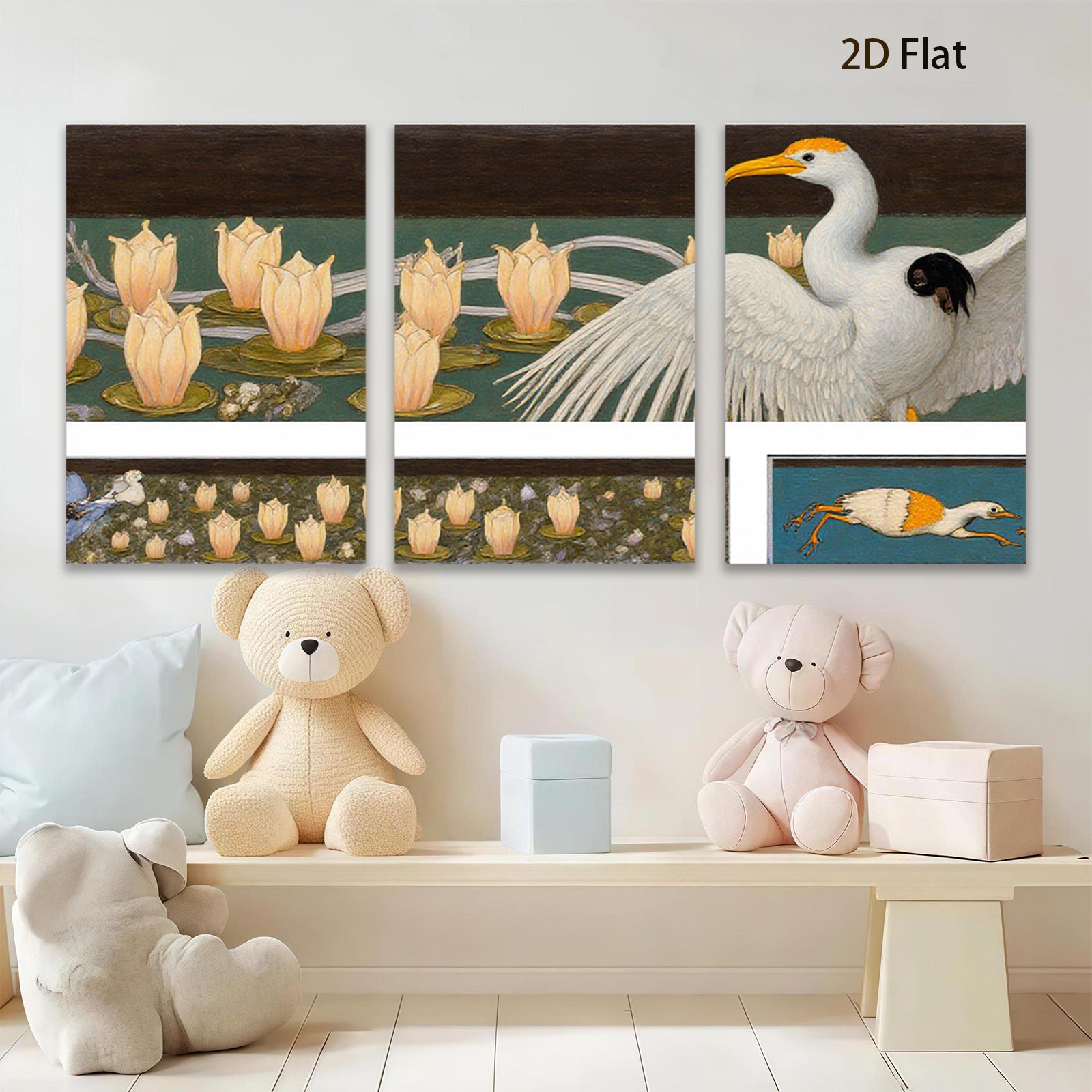 2D flat 1pc Elegant Great Blue Heron among blooming water lilies botanical wall art for living room bedroom gallery wrapped canvas print farmhouse decor