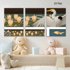 2D flat 1pc Elegant Great Blue Heron among blooming water lilies botanical wall art for living room bedroom gallery wrapped canvas print farmhouse decor