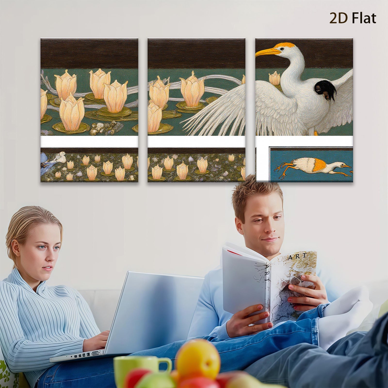 2D flat 1pc Elegant Great Blue Heron among blooming water lilies botanical wall art for living room bedroom gallery wrapped canvas print farmhouse decor