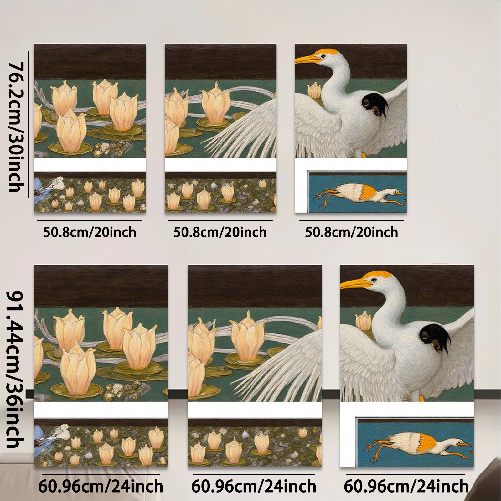 2D flat 1pc Elegant Great Blue Heron among blooming water lilies botanical wall art for living room bedroom gallery wrapped canvas print farmhouse decor
