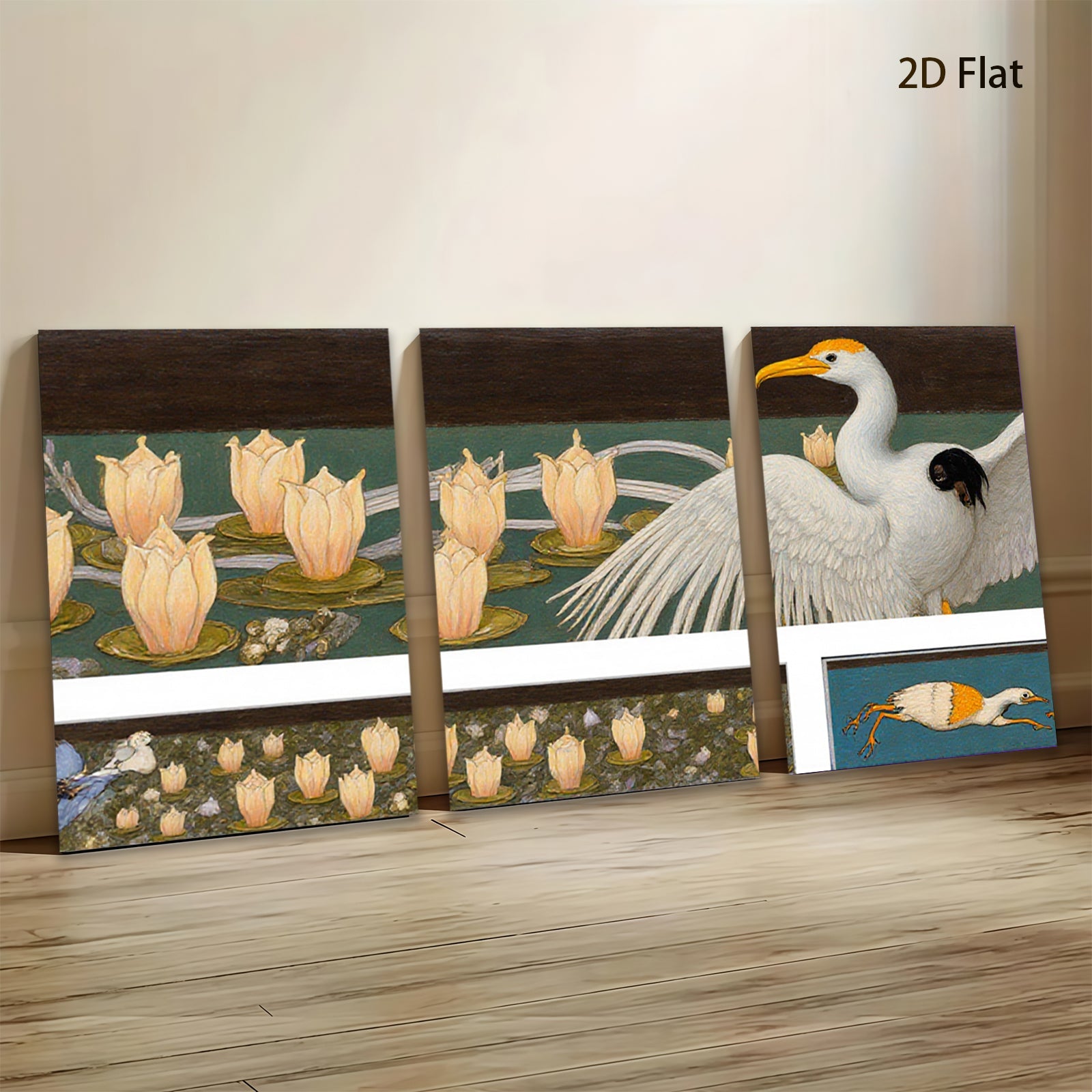 2D flat 1pc Elegant Great Blue Heron among blooming water lilies botanical wall art for living room bedroom gallery wrapped canvas print farmhouse decor