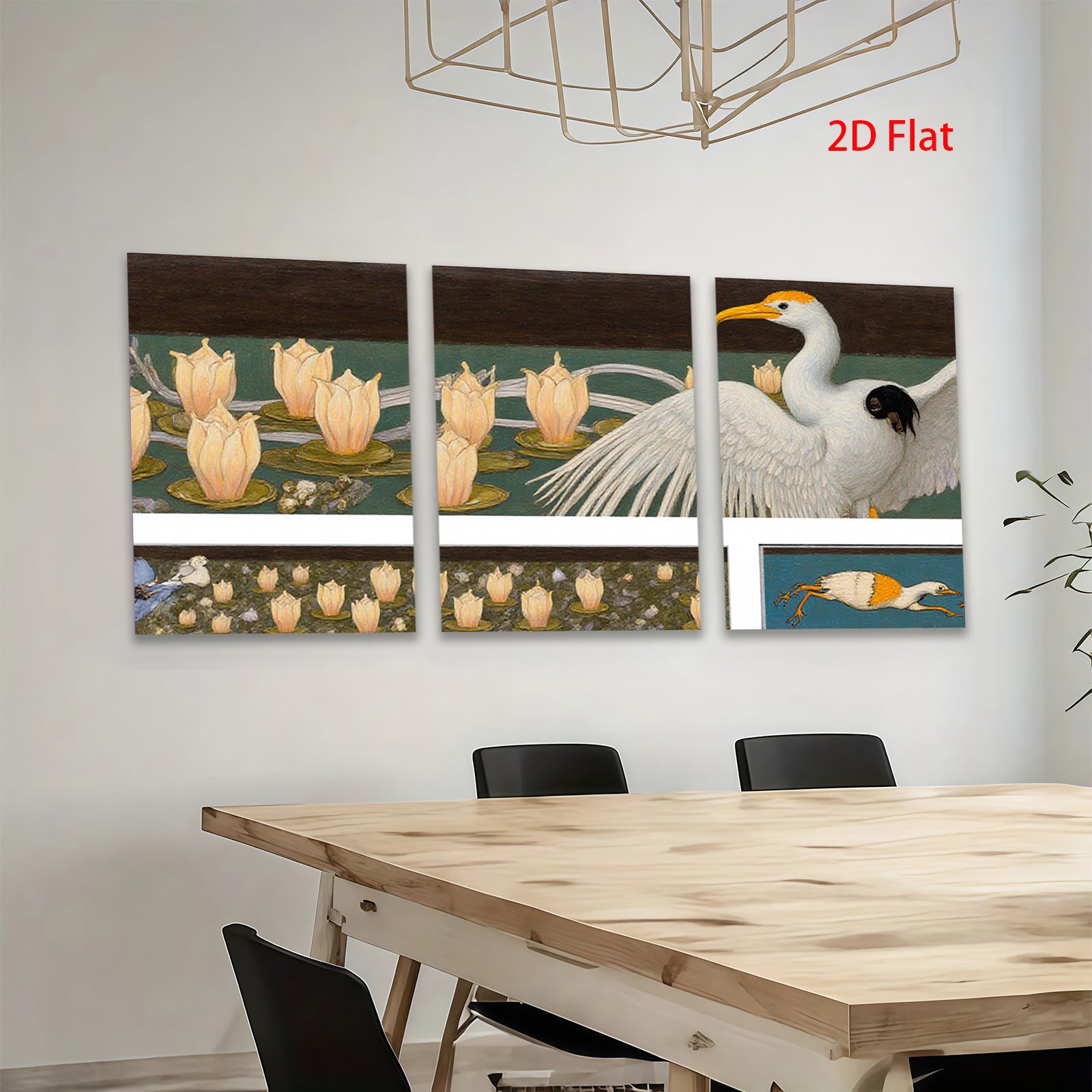 2D flat 1pc Elegant Great Blue Heron among blooming water lilies botanical wall art for living room bedroom gallery wrapped canvas print farmhouse decor