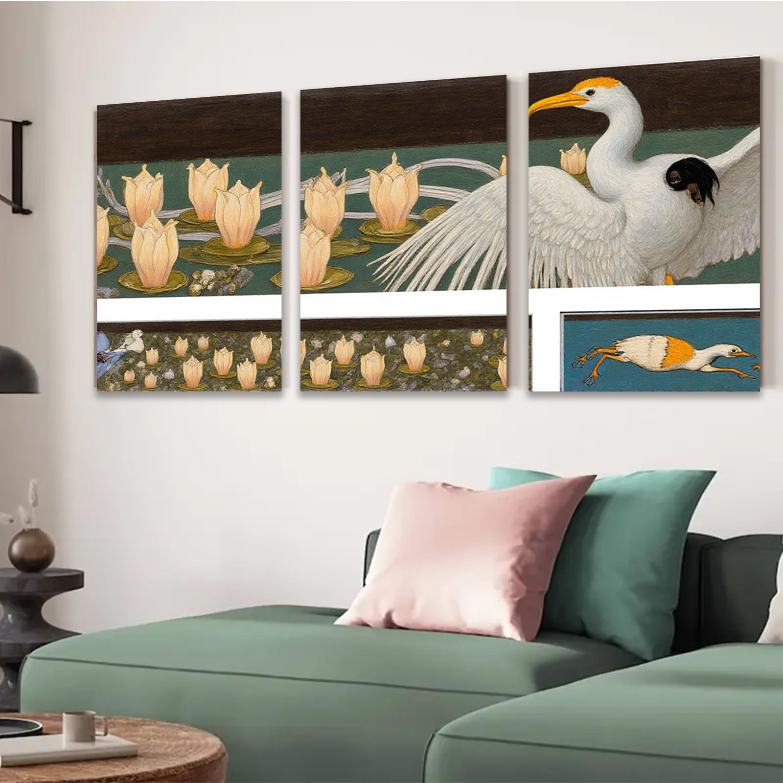 2D flat 1pc Elegant Great Blue Heron among blooming water lilies botanical wall art for living room bedroom gallery wrapped canvas print farmhouse decor