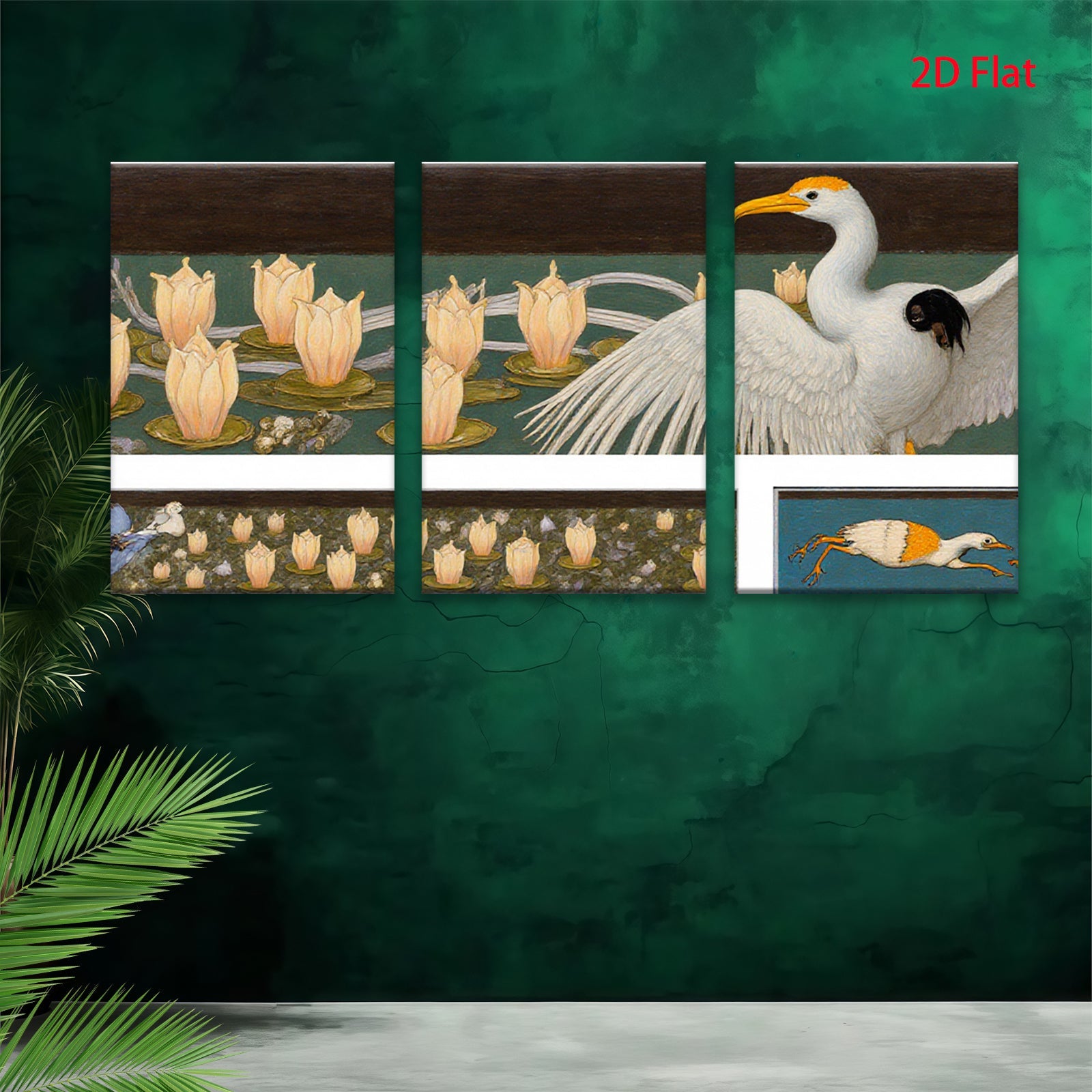 2D flat 1pc Elegant Great Blue Heron among blooming water lilies botanical wall art for living room bedroom gallery wrapped canvas print farmhouse decor