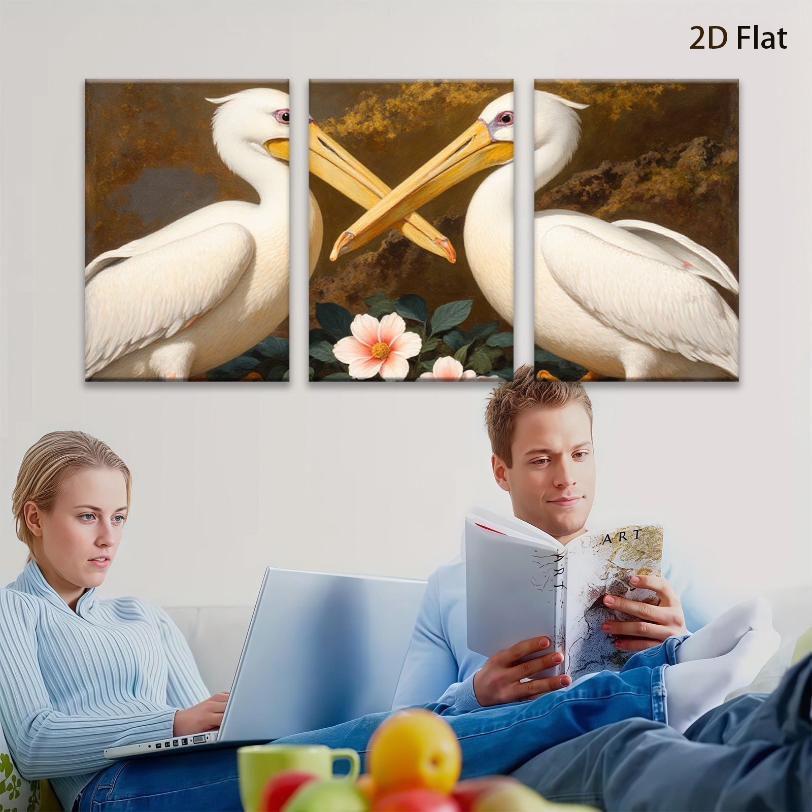 2D flat 1pc Elegant White Pelicans Floral Still Life Wall Art Living Room Bedroom Decor Gallery Wrapped Canvas Prints Modern Farmhouse Style Coastal Beach Home Accent