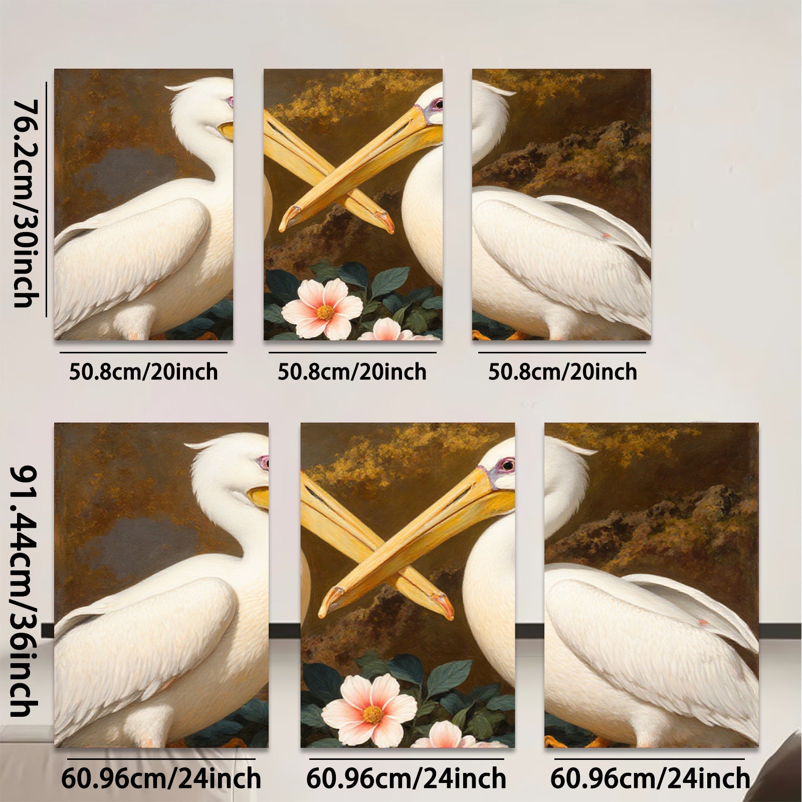 2D flat 1pc Elegant White Pelicans Floral Still Life Wall Art Living Room Bedroom Decor Gallery Wrapped Canvas Prints Modern Farmhouse Style Coastal Beach Home Accent