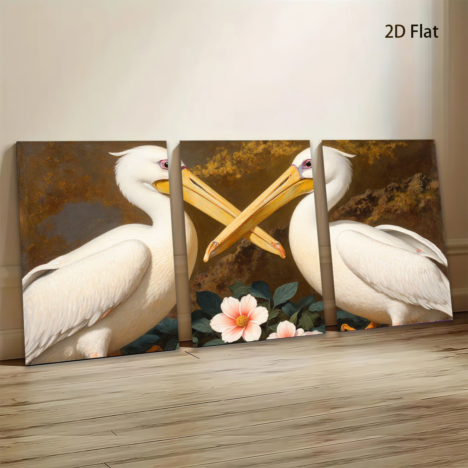 2D flat 1pc Elegant White Pelicans Floral Still Life Wall Art Living Room Bedroom Decor Gallery Wrapped Canvas Prints Modern Farmhouse Style Coastal Beach Home Accent