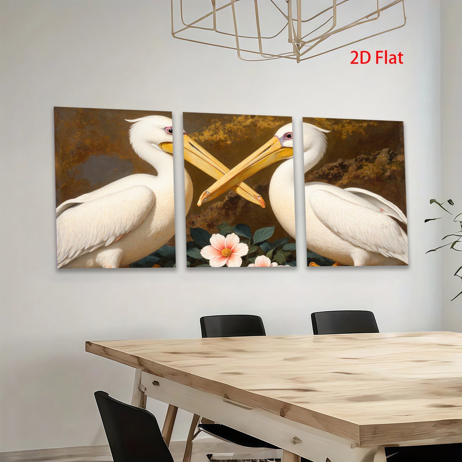 2D flat 1pc Elegant White Pelicans Floral Still Life Wall Art Living Room Bedroom Decor Gallery Wrapped Canvas Prints Modern Farmhouse Style Coastal Beach Home Accent