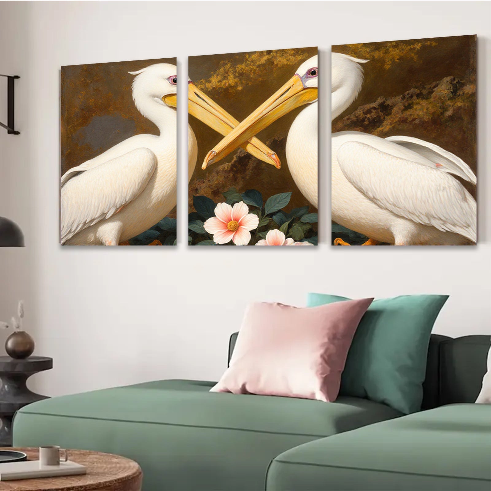 2D flat 1pc Elegant White Pelicans Floral Still Life Wall Art Living Room Bedroom Decor Gallery Wrapped Canvas Prints Modern Farmhouse Style Coastal Beach Home Accent