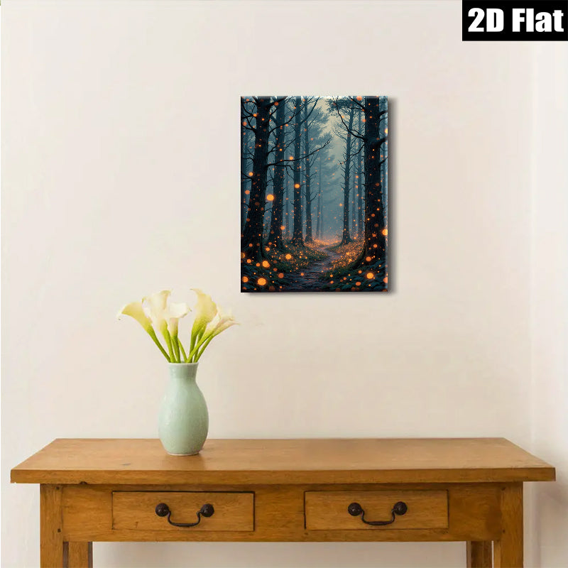 2D flat 1pc Enchanted Forest Pathway Twilight Woodland Scene Wall Art Decor for Living Room Bedroom Gallery Wrapped Canvas Prints Modern Farmhouse Aesthetic Home Décor