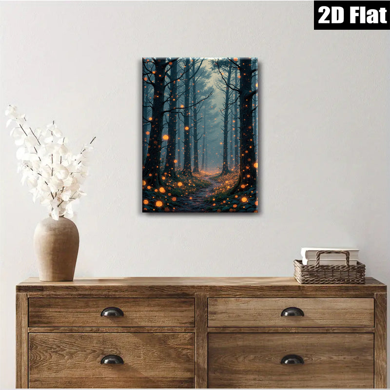 2D flat 1pc Enchanted Forest Pathway Twilight Woodland Scene Wall Art Decor for Living Room Bedroom Gallery Wrapped Canvas Prints Modern Farmhouse Aesthetic Home Décor
