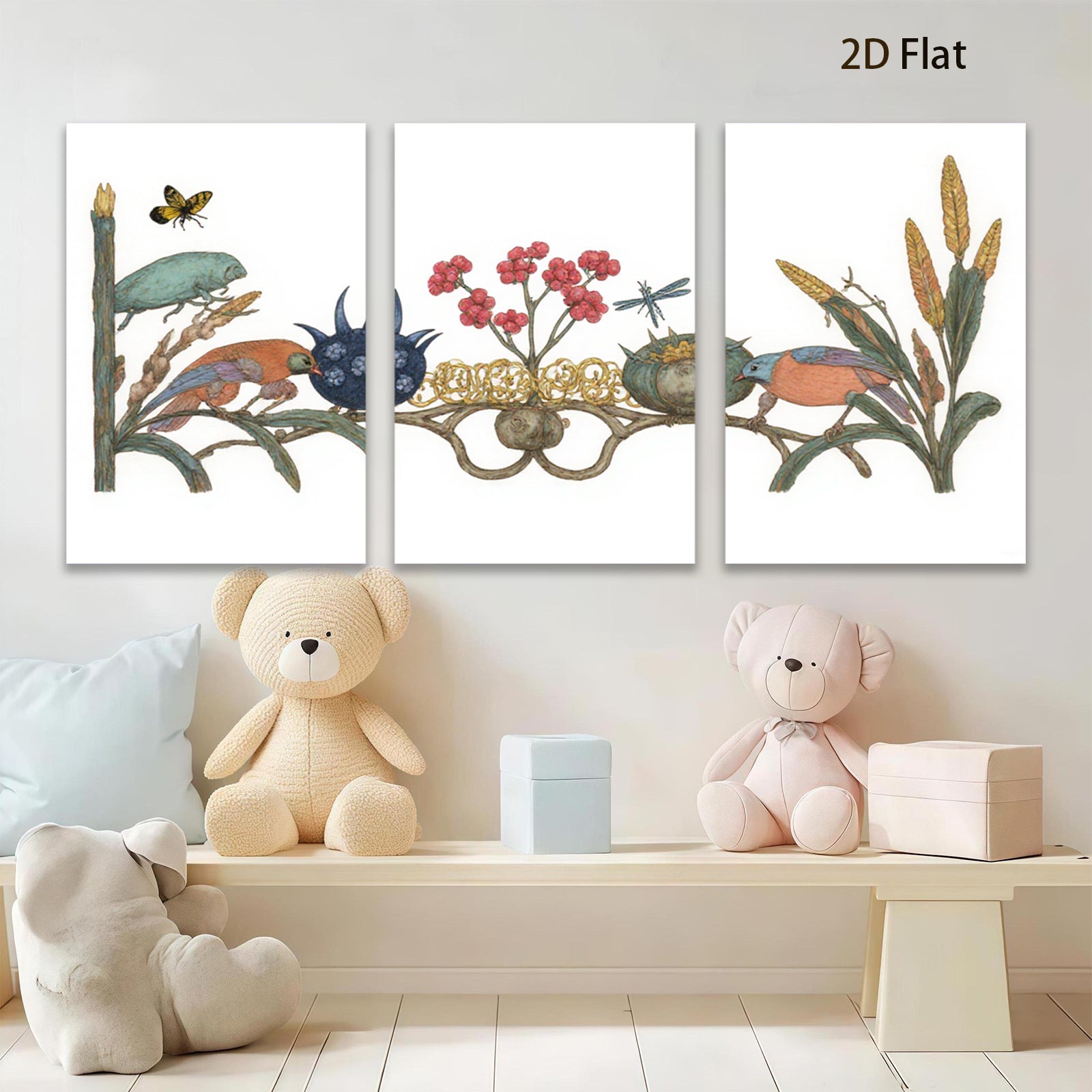 2D flat 1pc Exotic Birds Botanical Illustration Wall Art Decor Living Room Bedroom Home Office Gallery Wrapped Canvas Print Modern Farmhouse Aesthetic