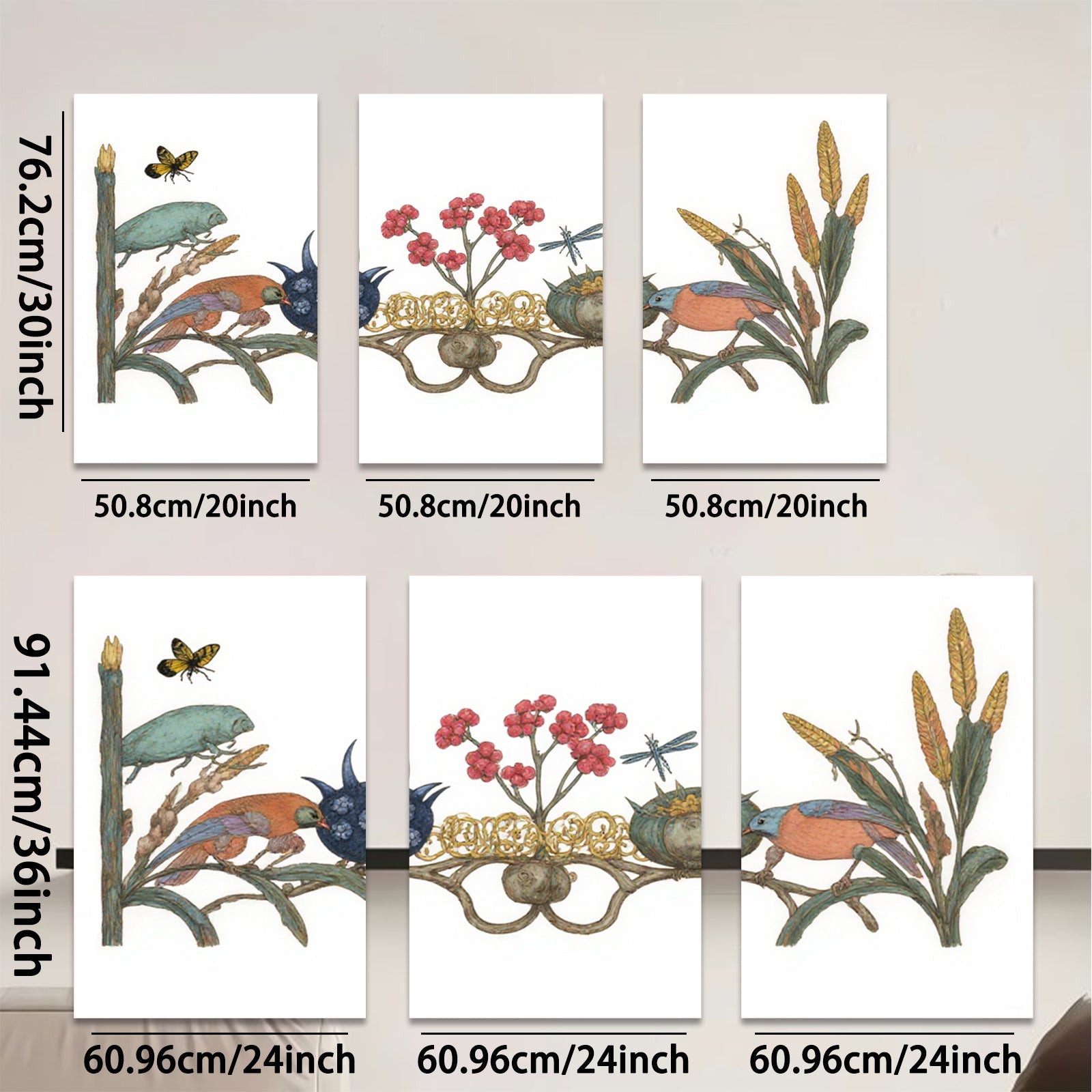 2D flat 1pc Exotic Birds Botanical Illustration Wall Art Decor Living Room Bedroom Home Office Gallery Wrapped Canvas Print Modern Farmhouse Aesthetic