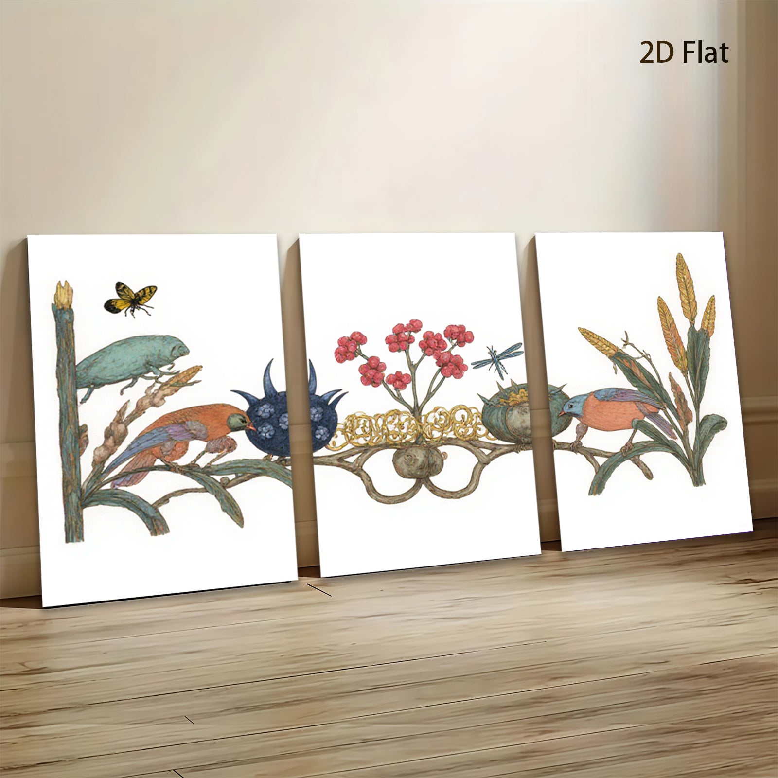 2D flat 1pc Exotic Birds Botanical Illustration Wall Art Decor Living Room Bedroom Home Office Gallery Wrapped Canvas Print Modern Farmhouse Aesthetic