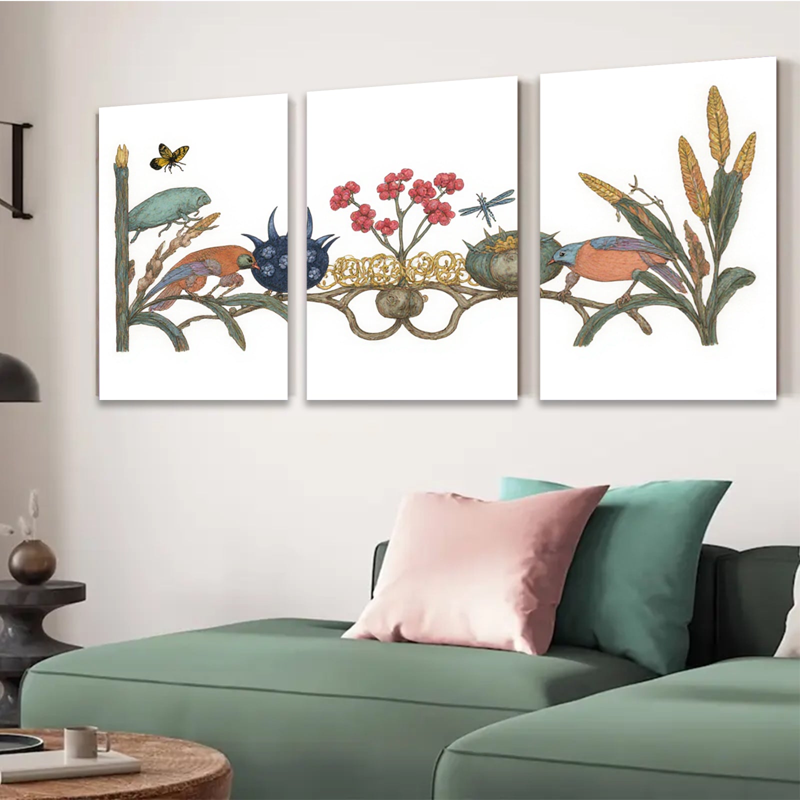2D flat 1pc Exotic Birds Botanical Illustration Wall Art Decor Living Room Bedroom Home Office Gallery Wrapped Canvas Print Modern Farmhouse Aesthetic