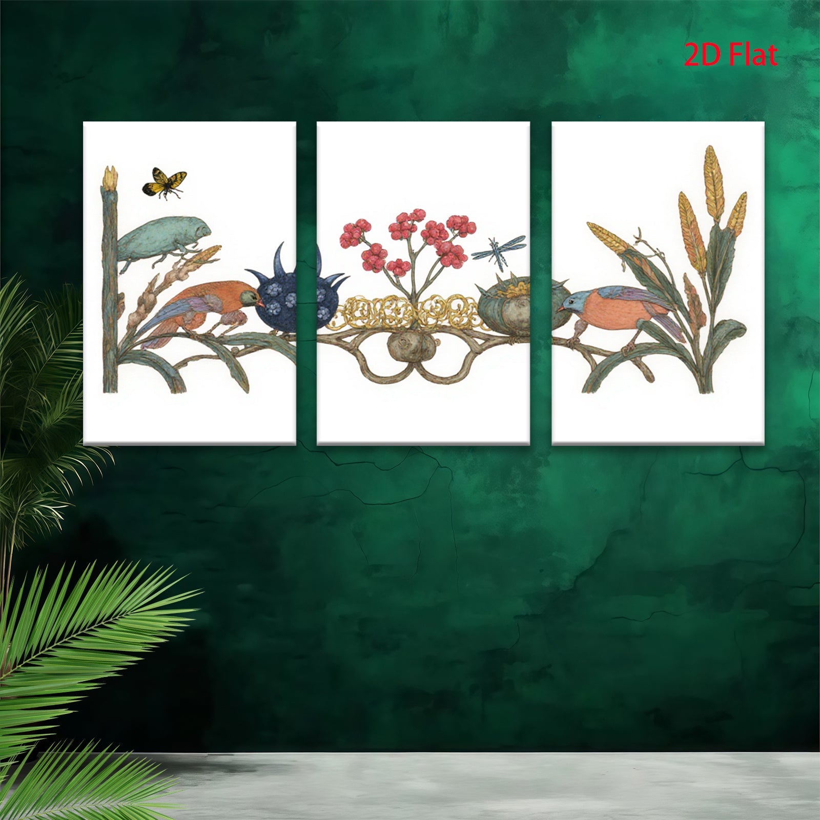 2D flat 1pc Exotic Birds Botanical Illustration Wall Art Decor Living Room Bedroom Home Office Gallery Wrapped Canvas Print Modern Farmhouse Aesthetic