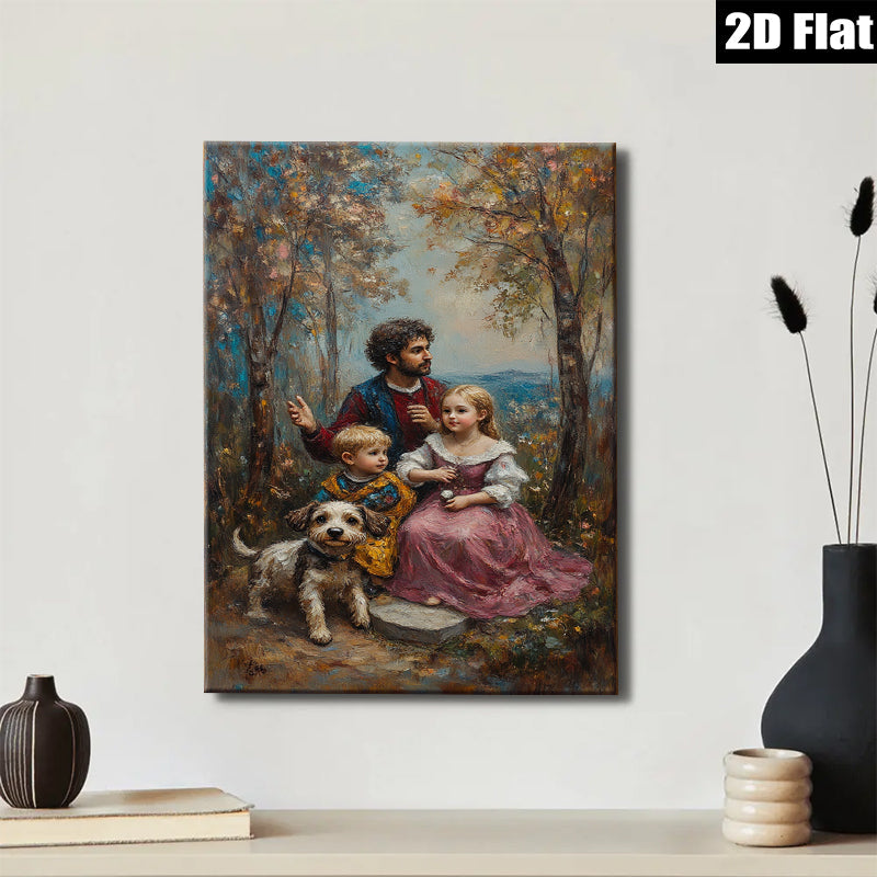 2D flat 1pc Family Portrait with Dog Pastoral Scene Living Room Bedroom Wall Decor Farmhouse Style Canvas Prints for Home Gallery Wrapped Art