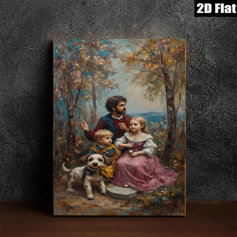 2D flat 1pc Family Portrait with Dog Pastoral Scene Living Room Bedroom Wall Decor Farmhouse Style Canvas Prints for Home Gallery Wrapped Art