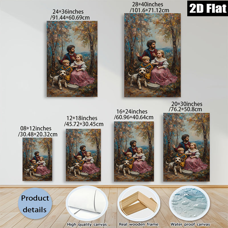 2D flat 1pc Family Portrait with Dog Pastoral Scene Living Room Bedroom Wall Decor Farmhouse Style Canvas Prints for Home Gallery Wrapped Art