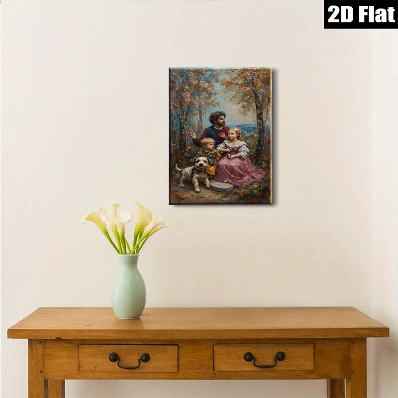 2D flat 1pc Family Portrait with Dog Pastoral Scene Living Room Bedroom Wall Decor Farmhouse Style Canvas Prints for Home Gallery Wrapped Art