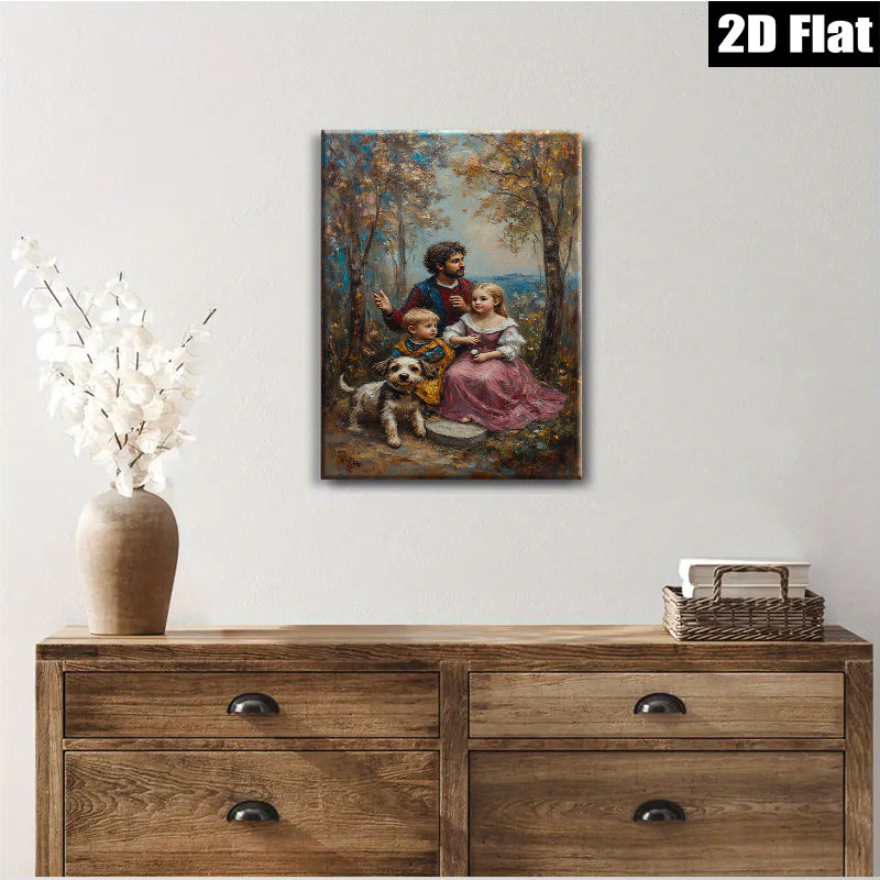 2D flat 1pc Family Portrait with Dog Pastoral Scene Living Room Bedroom Wall Decor Farmhouse Style Canvas Prints for Home Gallery Wrapped Art