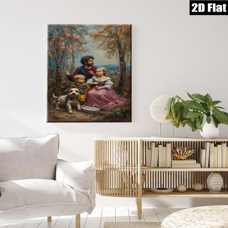 2D flat 1pc Family Portrait with Dog Pastoral Scene Living Room Bedroom Wall Decor Farmhouse Style Canvas Prints for Home Gallery Wrapped Art