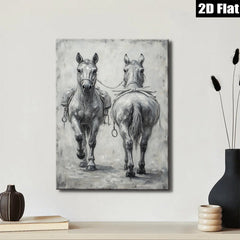 2D flat 1pc Farm Animals Horse Pair Rustic Wall Art Decor for Living Room Bedroom Gallery Wrapped Canvas Print Modern Farmhouse Style