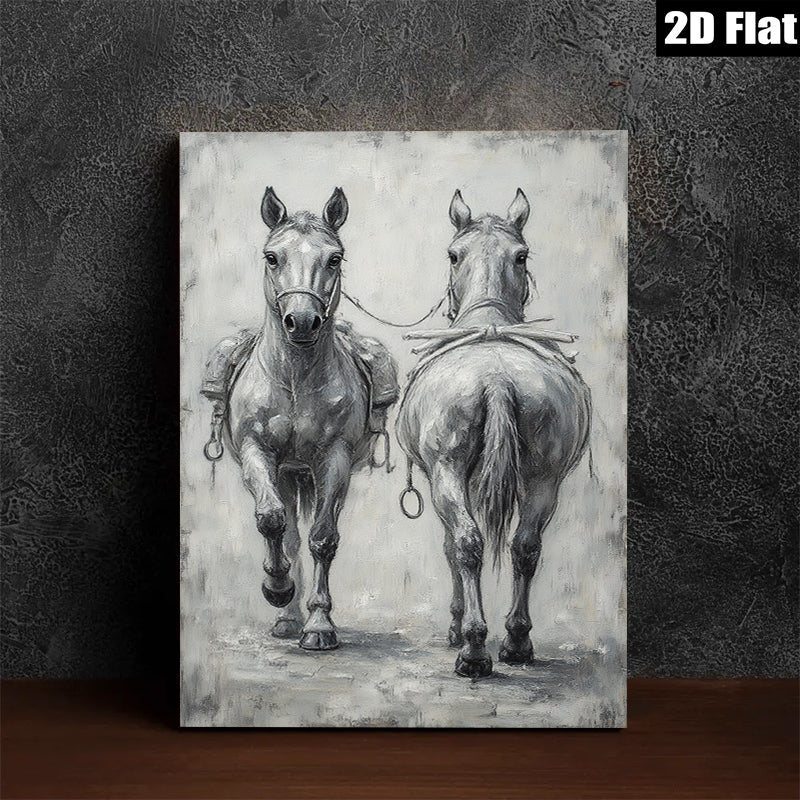 2D flat 1pc Farm Animals Horse Pair Rustic Wall Art Decor for Living Room Bedroom Gallery Wrapped Canvas Print Modern Farmhouse Style