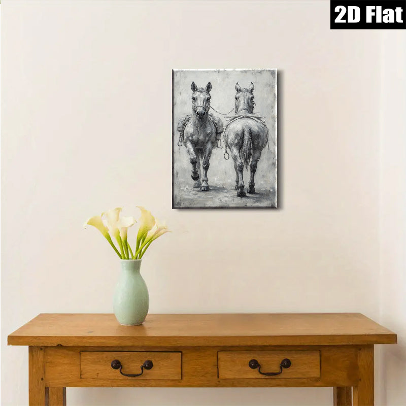 2D flat 1pc Farm Animals Horse Pair Rustic Wall Art Decor for Living Room Bedroom Gallery Wrapped Canvas Print Modern Farmhouse Style