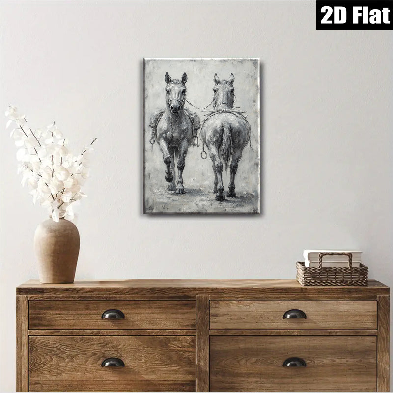 2D flat 1pc Farm Animals Horse Pair Rustic Wall Art Decor for Living Room Bedroom Gallery Wrapped Canvas Print Modern Farmhouse Style