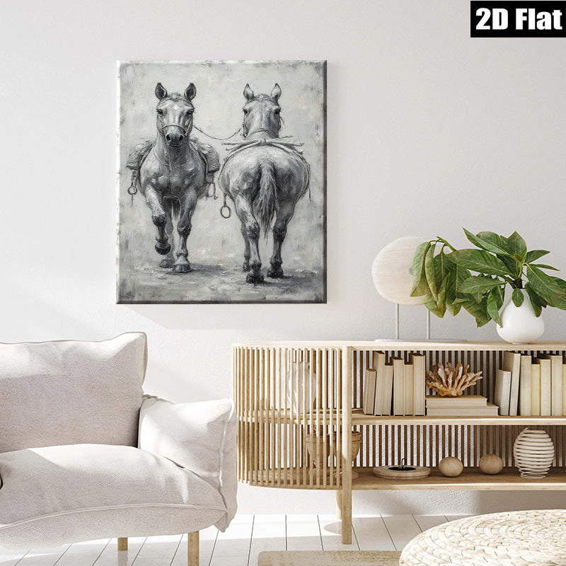2D flat 1pc Farm Animals Horse Pair Rustic Wall Art Decor for Living Room Bedroom Gallery Wrapped Canvas Print Modern Farmhouse Style
