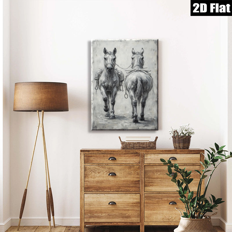2D flat 1pc Farm Animals Horse Pair Rustic Wall Art Decor for Living Room Bedroom Gallery Wrapped Canvas Print Modern Farmhouse Style