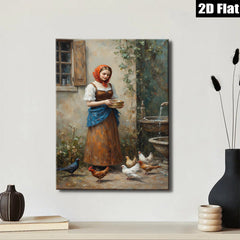 2D flat 1pc Farm Girl Feeding Chickens Pastoral Scene Wall Decor for Living Room Bedroom Kitchen Home Office Gallery Wrapped Canvas Prints Ready to Hang Modern Farmhouse Style