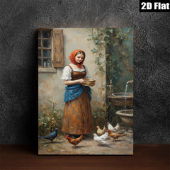 2D flat 1pc Farm Girl Feeding Chickens Pastoral Scene Wall Decor for Living Room Bedroom Kitchen Home Office Gallery Wrapped Canvas Prints Ready to Hang Modern Farmhouse Style