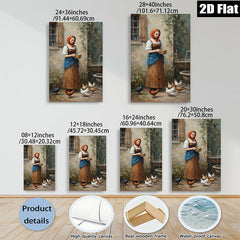 2D flat 1pc Farm Girl Feeding Chickens Pastoral Scene Wall Decor for Living Room Bedroom Kitchen Home Office Gallery Wrapped Canvas Prints Ready to Hang Modern Farmhouse Style