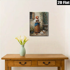 2D flat 1pc Farm Girl Feeding Chickens Pastoral Scene Wall Decor for Living Room Bedroom Kitchen Home Office Gallery Wrapped Canvas Prints Ready to Hang Modern Farmhouse Style
