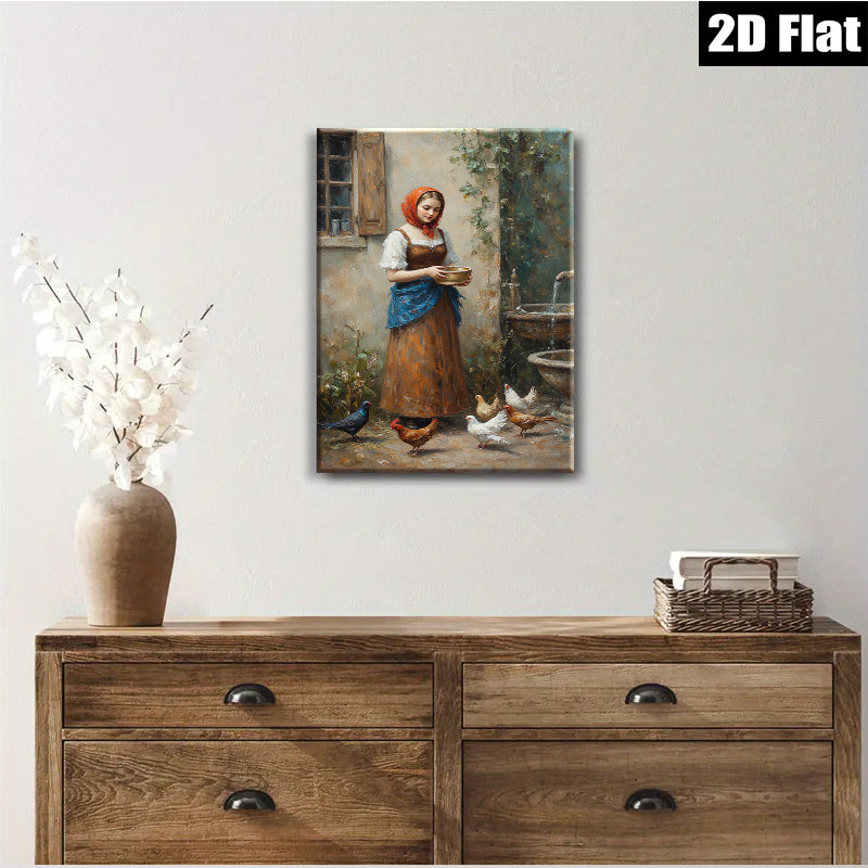 2D flat 1pc Farm Girl Feeding Chickens Pastoral Scene Wall Decor for Living Room Bedroom Kitchen Home Office Gallery Wrapped Canvas Prints Ready to Hang Modern Farmhouse Style