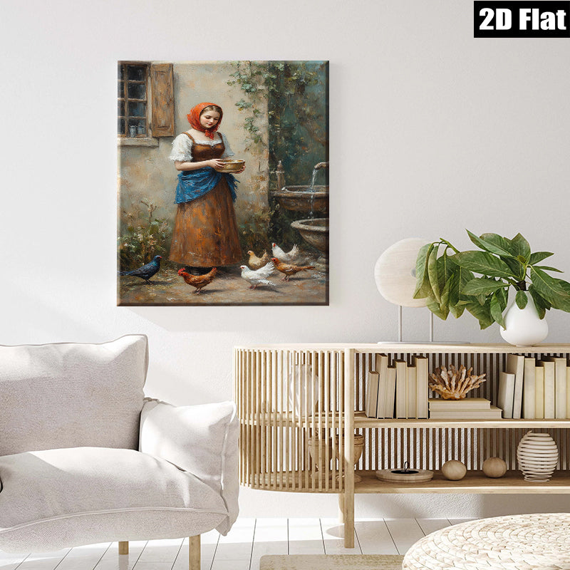 2D flat 1pc Farm Girl Feeding Chickens Pastoral Scene Wall Decor for Living Room Bedroom Kitchen Home Office Gallery Wrapped Canvas Prints Ready to Hang Modern Farmhouse Style