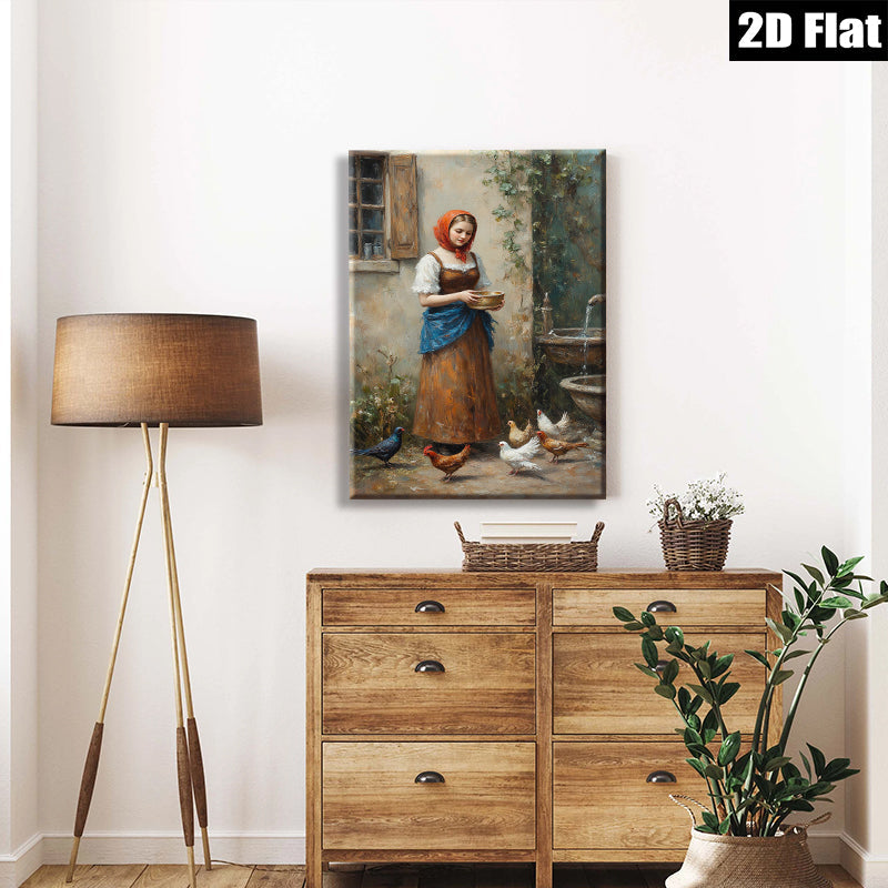 2D flat 1pc Farm Girl Feeding Chickens Pastoral Scene Wall Decor for Living Room Bedroom Kitchen Home Office Gallery Wrapped Canvas Prints Ready to Hang Modern Farmhouse Style