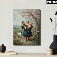 2D flat 1pc Farm Life Sisters with Child Pastoral Scene Wall Art Decor for Living Room Bedroom Home Office Gallery Wrapped Canvas Print Modern Farmhouse Style