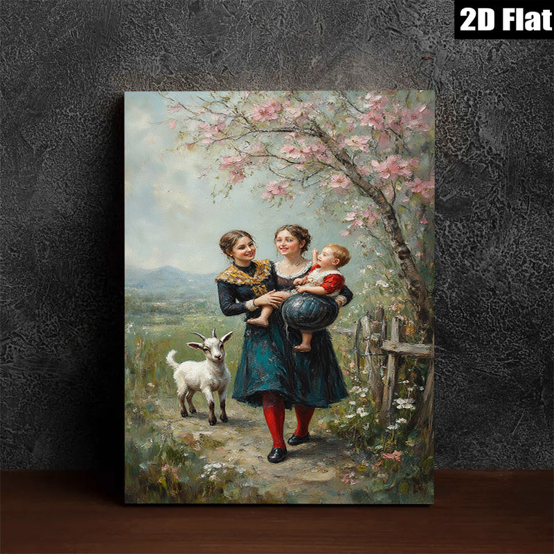 2D flat 1pc Farm Life Sisters with Child Pastoral Scene Wall Art Decor for Living Room Bedroom Home Office Gallery Wrapped Canvas Print Modern Farmhouse Style