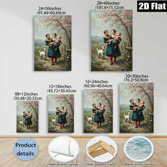 2D flat 1pc Farm Life Sisters with Child Pastoral Scene Wall Art Decor for Living Room Bedroom Home Office Gallery Wrapped Canvas Print Modern Farmhouse Style