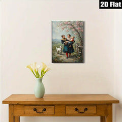 2D flat 1pc Farm Life Sisters with Child Pastoral Scene Wall Art Decor for Living Room Bedroom Home Office Gallery Wrapped Canvas Print Modern Farmhouse Style